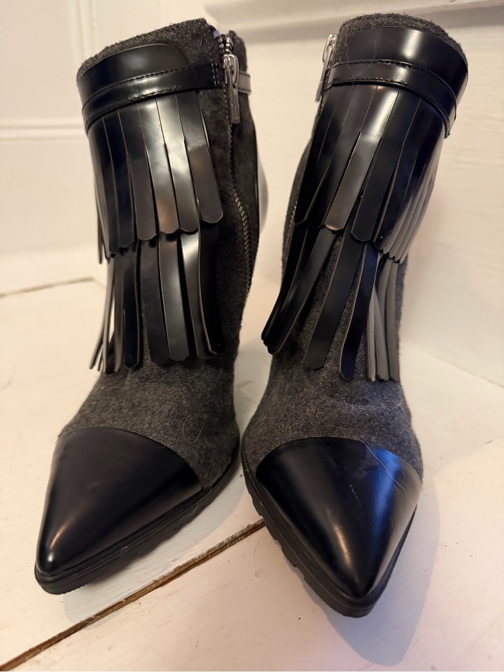 Women's Gray Black Leather Fringe Ankle Boots